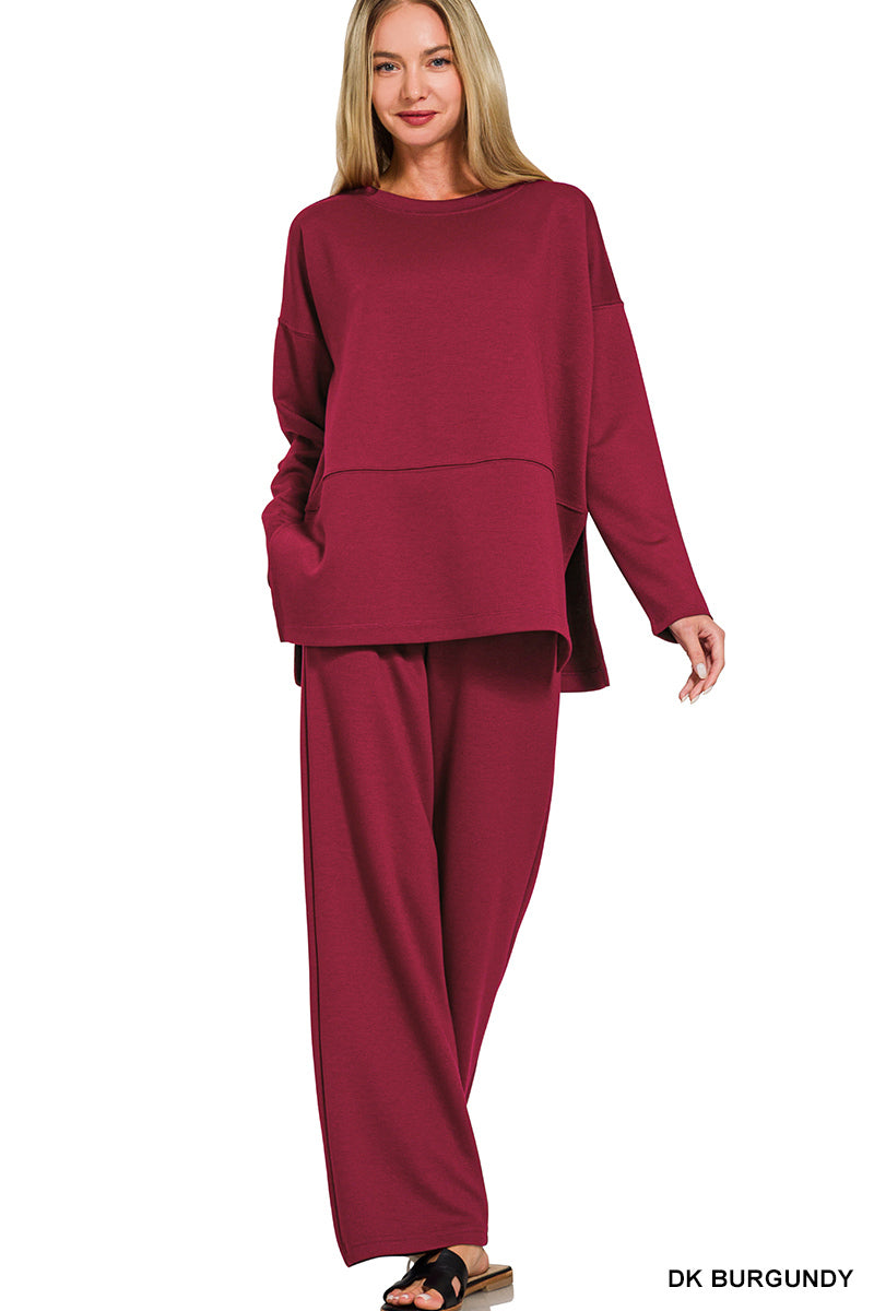 Zenana Scuba Side Slit Top & Wide-Leg Pants Set