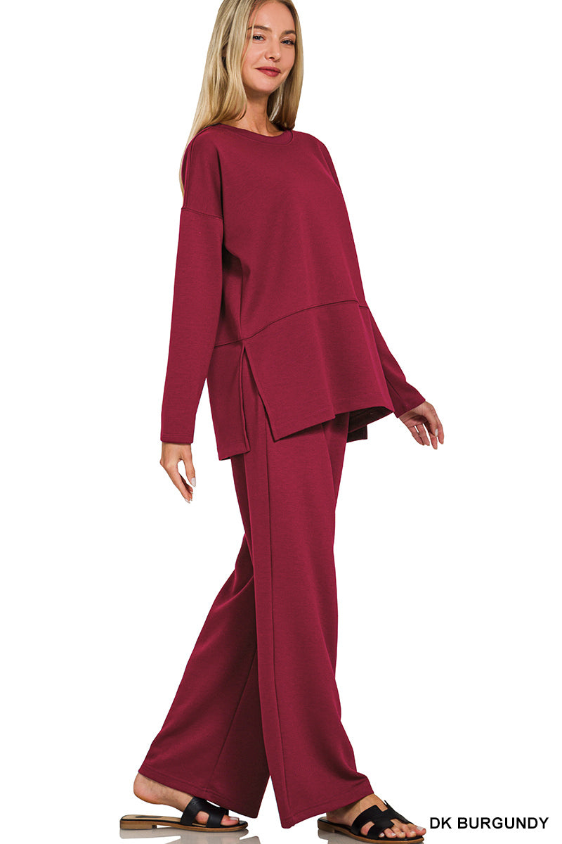 Zenana Scuba Side Slit Top & Wide-Leg Pants Set