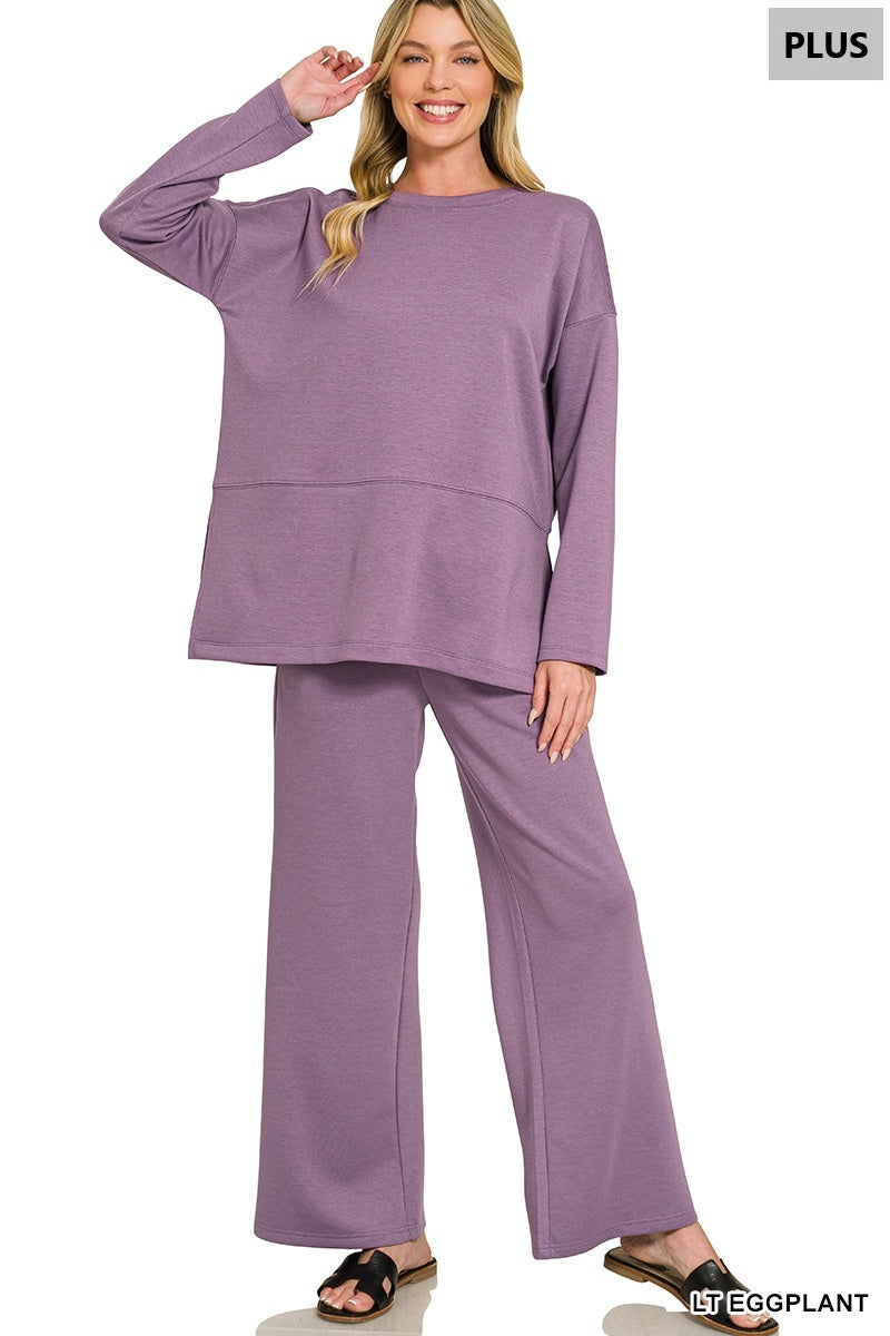 Zenana Scuba Side Slit Top & Wide-Leg Pants Set (Plus)