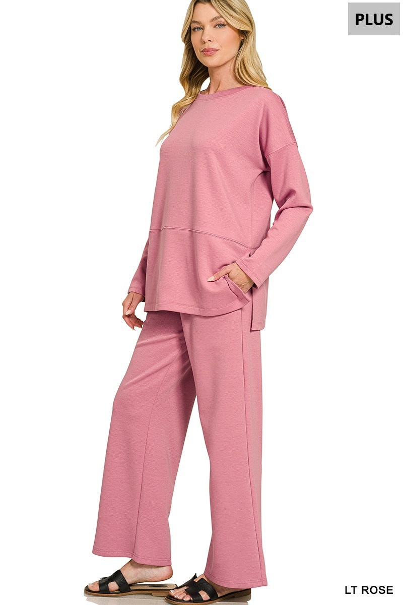 Zenana Scuba Side Slit Top & Wide-Leg Pants Set
