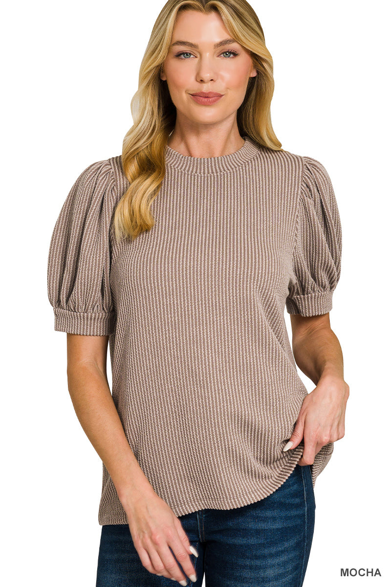 Zenana Raised Rib Puff Sleeve Top