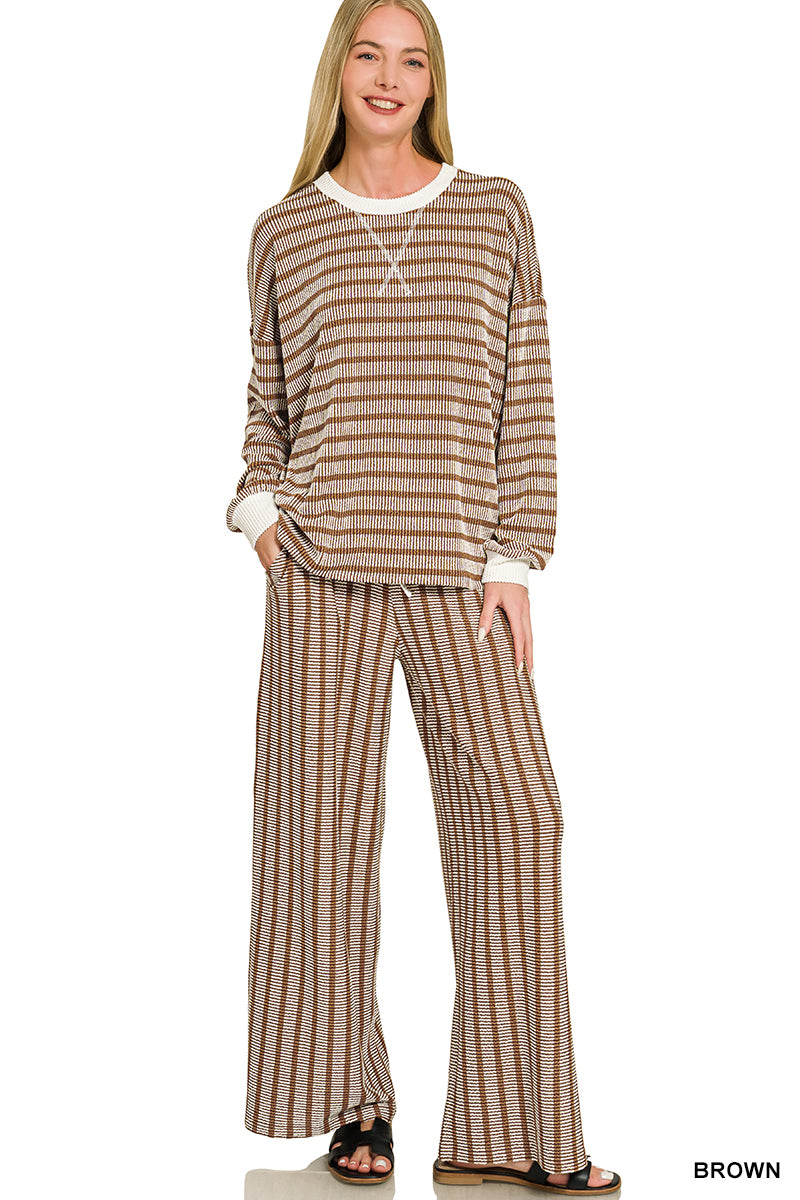 Zenana Raised Rib Striped Pullover & Pants Set