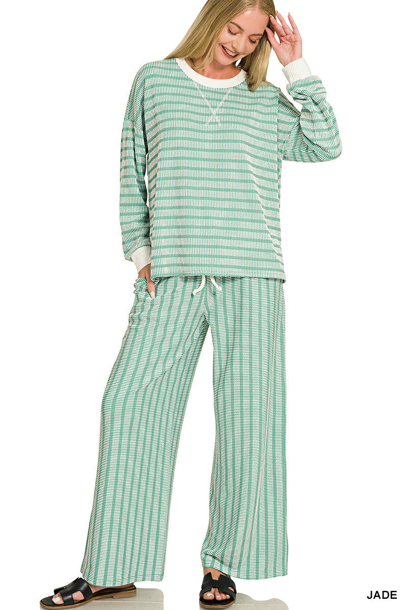 Zenana Raised Rib Striped Pullover & Pants Set