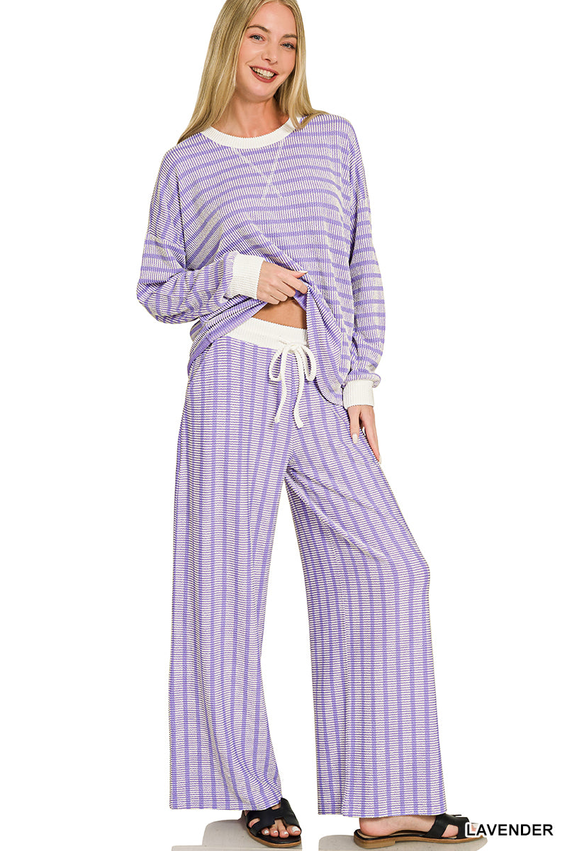 Zenana Raised Rib Striped Pullover & Pants Set