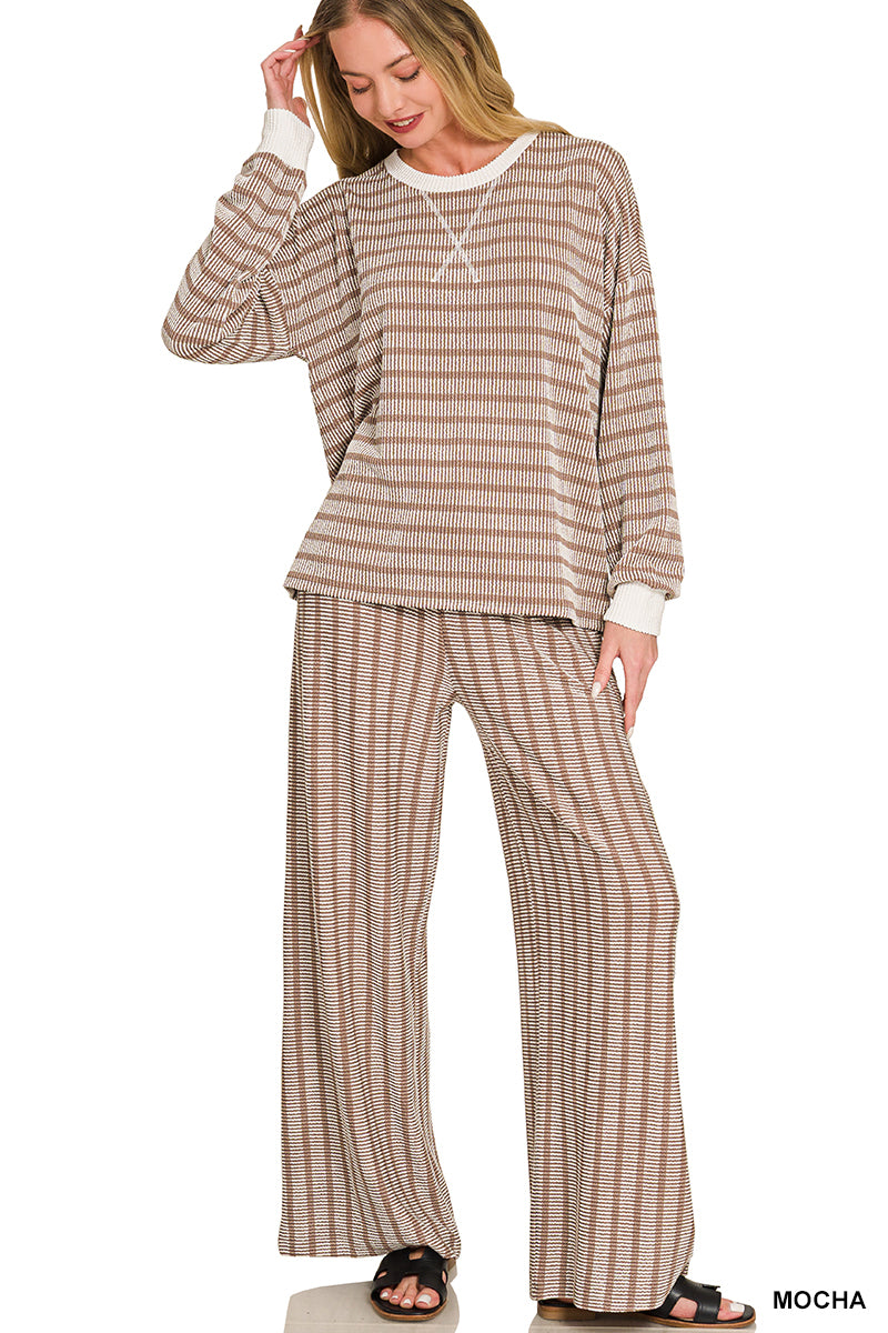 Zenana Raised Rib Striped Pullover & Pants Set