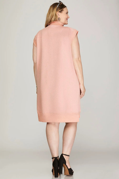 Drop Shoulder Half-Zip Textured Dress with Pockets