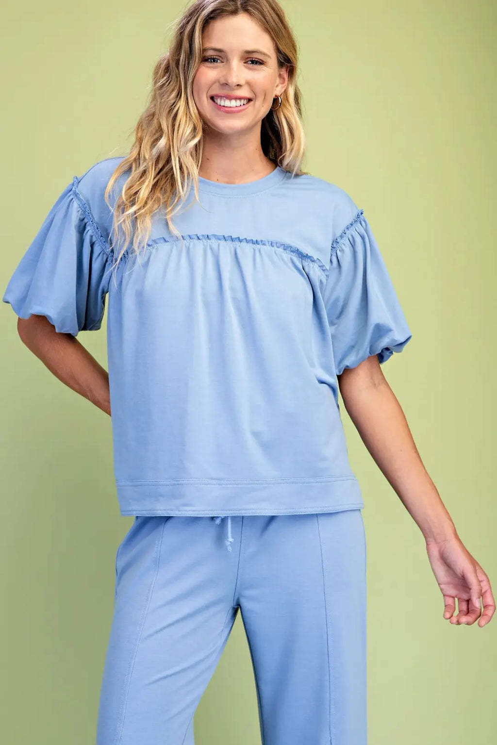 GiGiO Short Puff Sleeve Top with Ruffle Detail