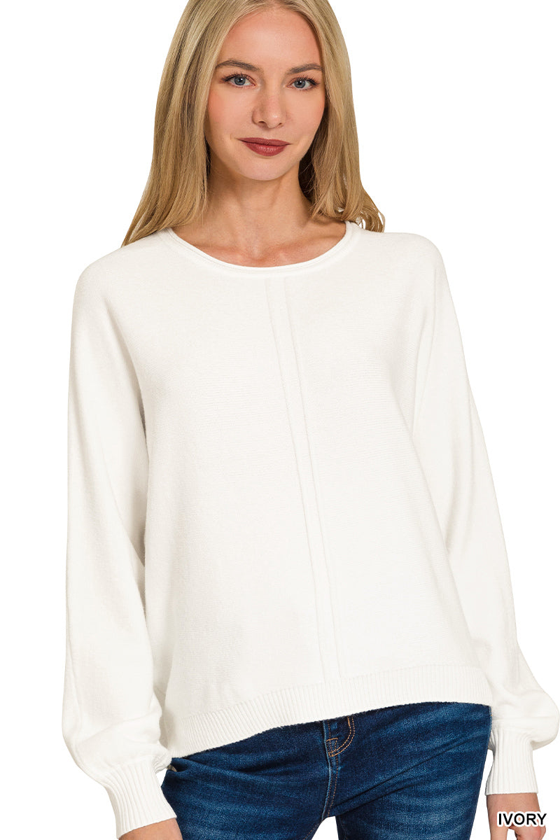 Zenana Viscose Front Seam Round-Neck Sweater