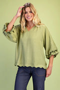 GiGiO Scalloped V-Neck Balloon Sleeve Blouse