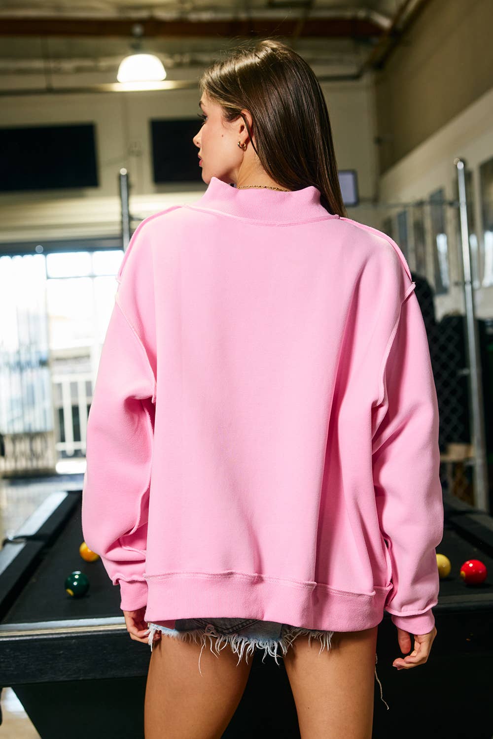 Bucketlist Faith Striped Appliqué Mock-Neck Sweatshirt in Pink