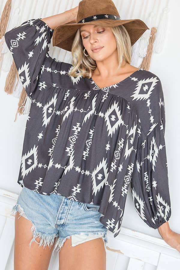 Bucketlist Aztec Print Puff Sleeve Babydoll Top