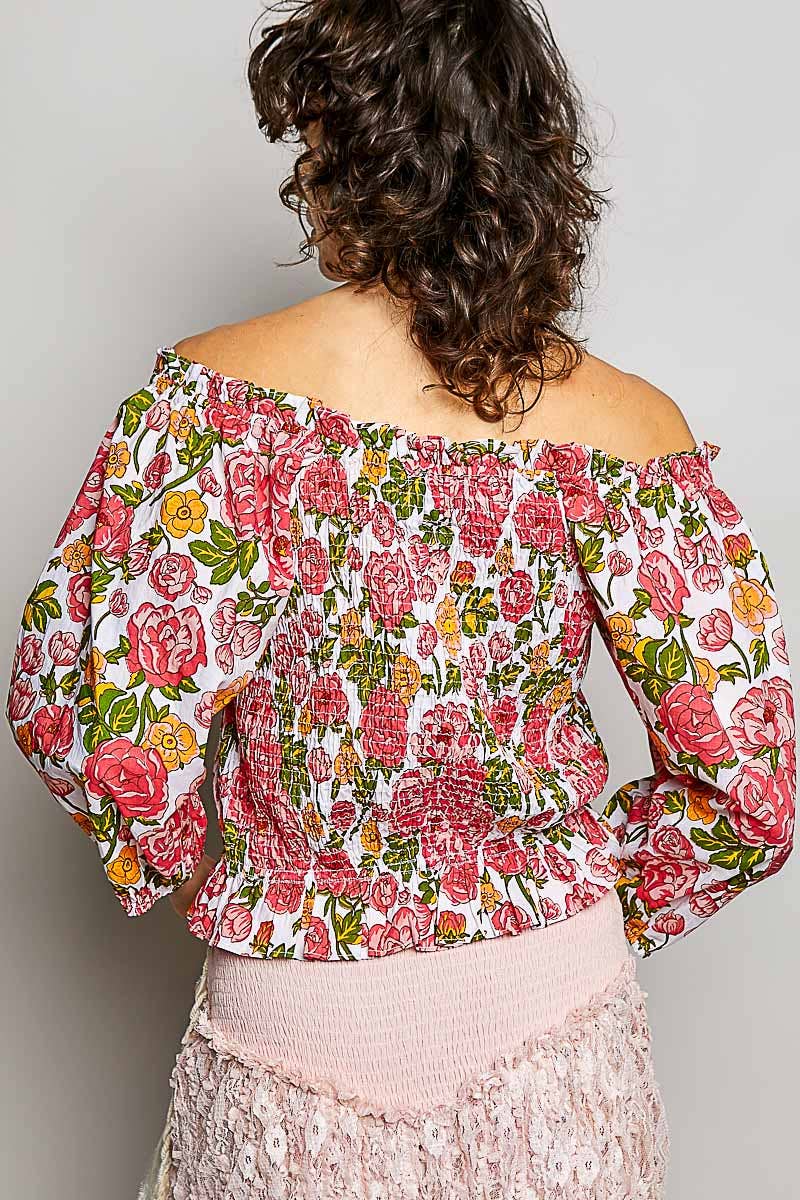 Pol Floral Block Print Off-Shoulder Smocked Top