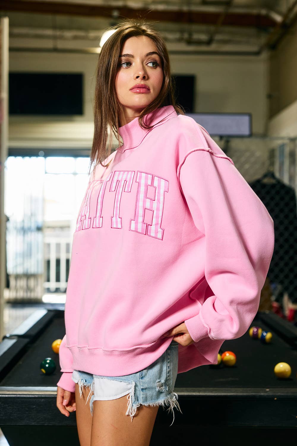 Bucketlist Faith Striped Appliqué Mock-Neck Sweatshirt in Pink
