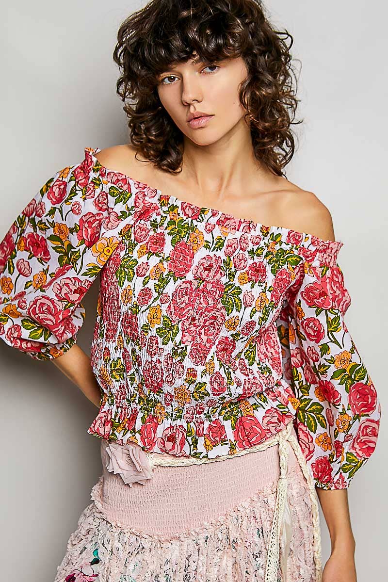 Pol Floral Block Print Off-Shoulder Smocked Top