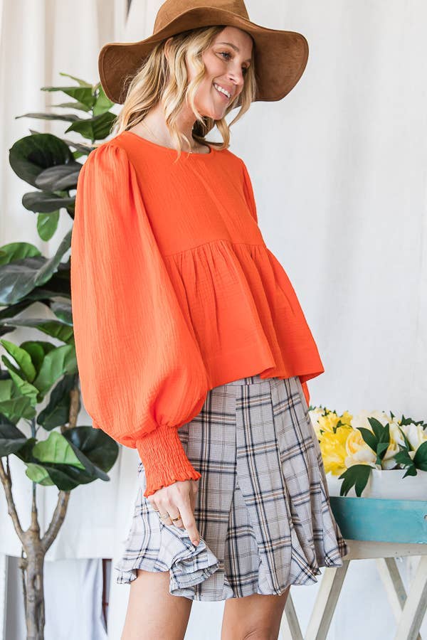 Bucketlist Puff Sleeve Smocked Cuff Babydoll Top