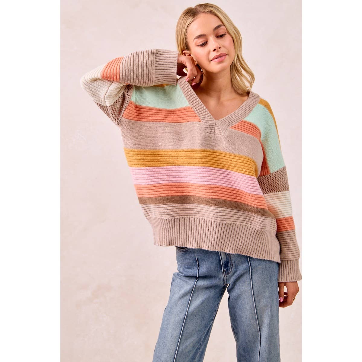 BiBi Multicolor Striped V-Neck Sweater