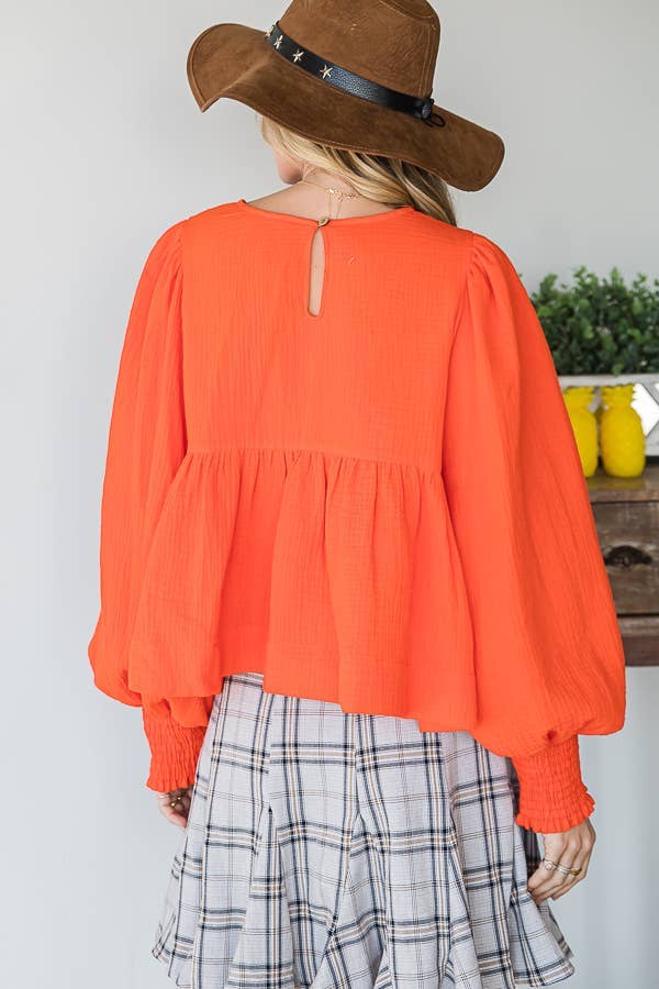 Bucketlist Puff Sleeve Smocked Cuff Babydoll Top