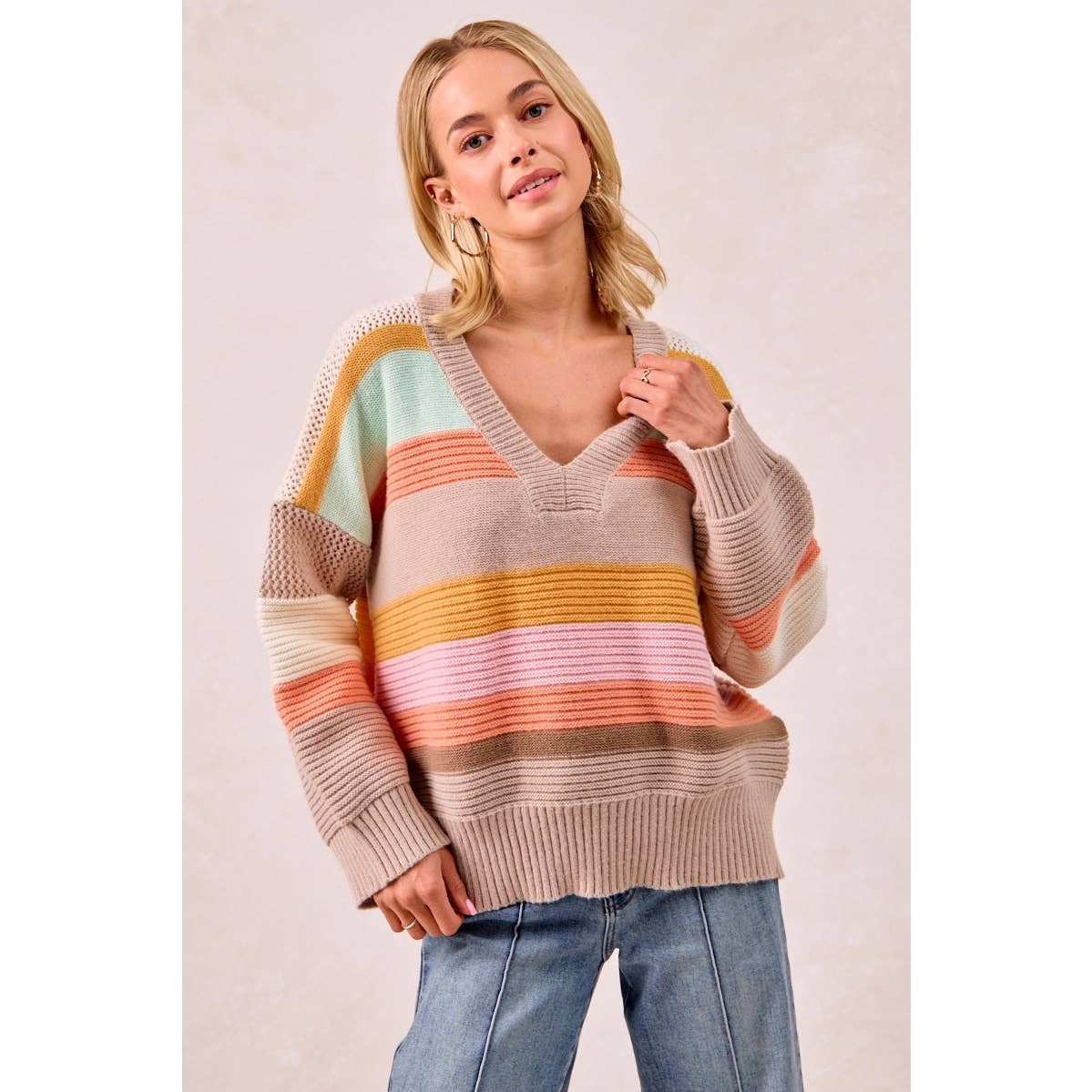 BiBi Multicolor Striped V-Neck Sweater