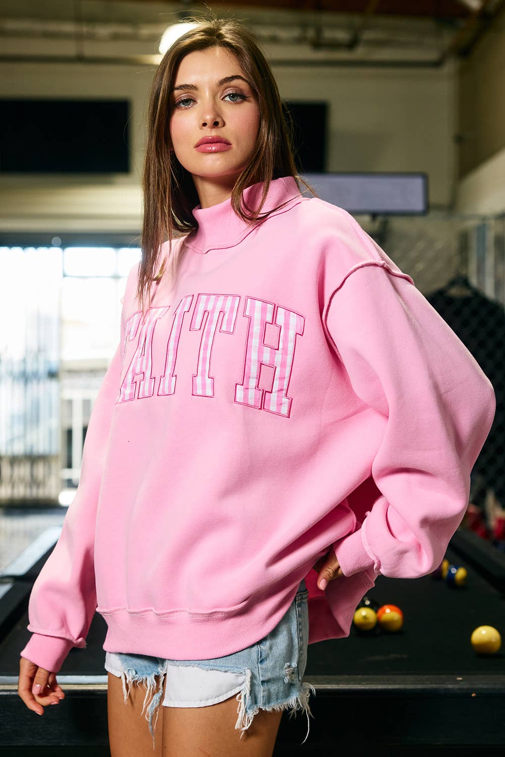 Bucketlist Faith Striped Appliqué Mock-Neck Sweatshirt in Pink