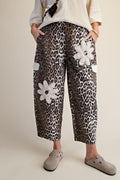 Easel Leopard Print Crochet Floral Patch Barrel Pants