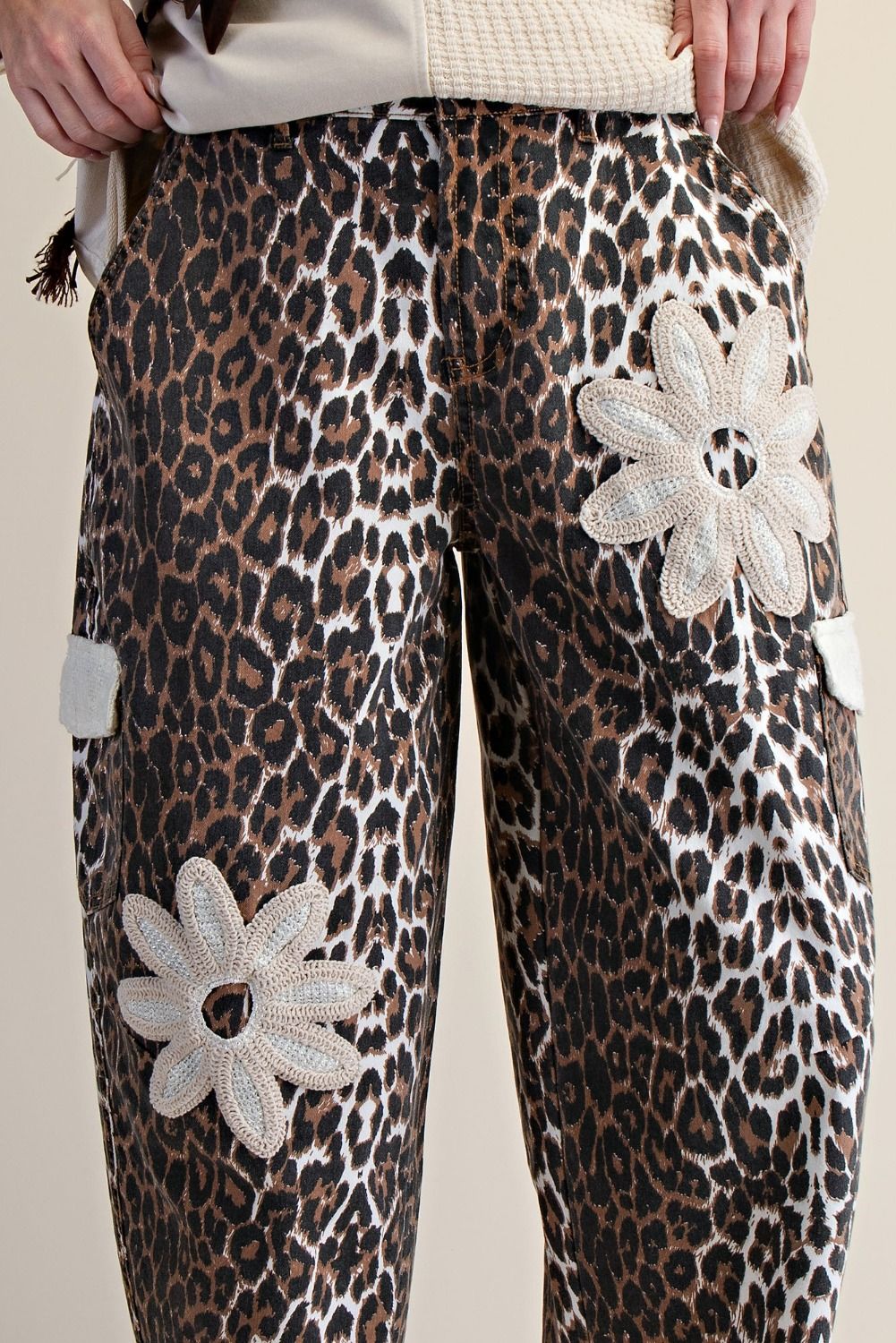 Easel Leopard Print Crochet Floral Patch Barrel Pants