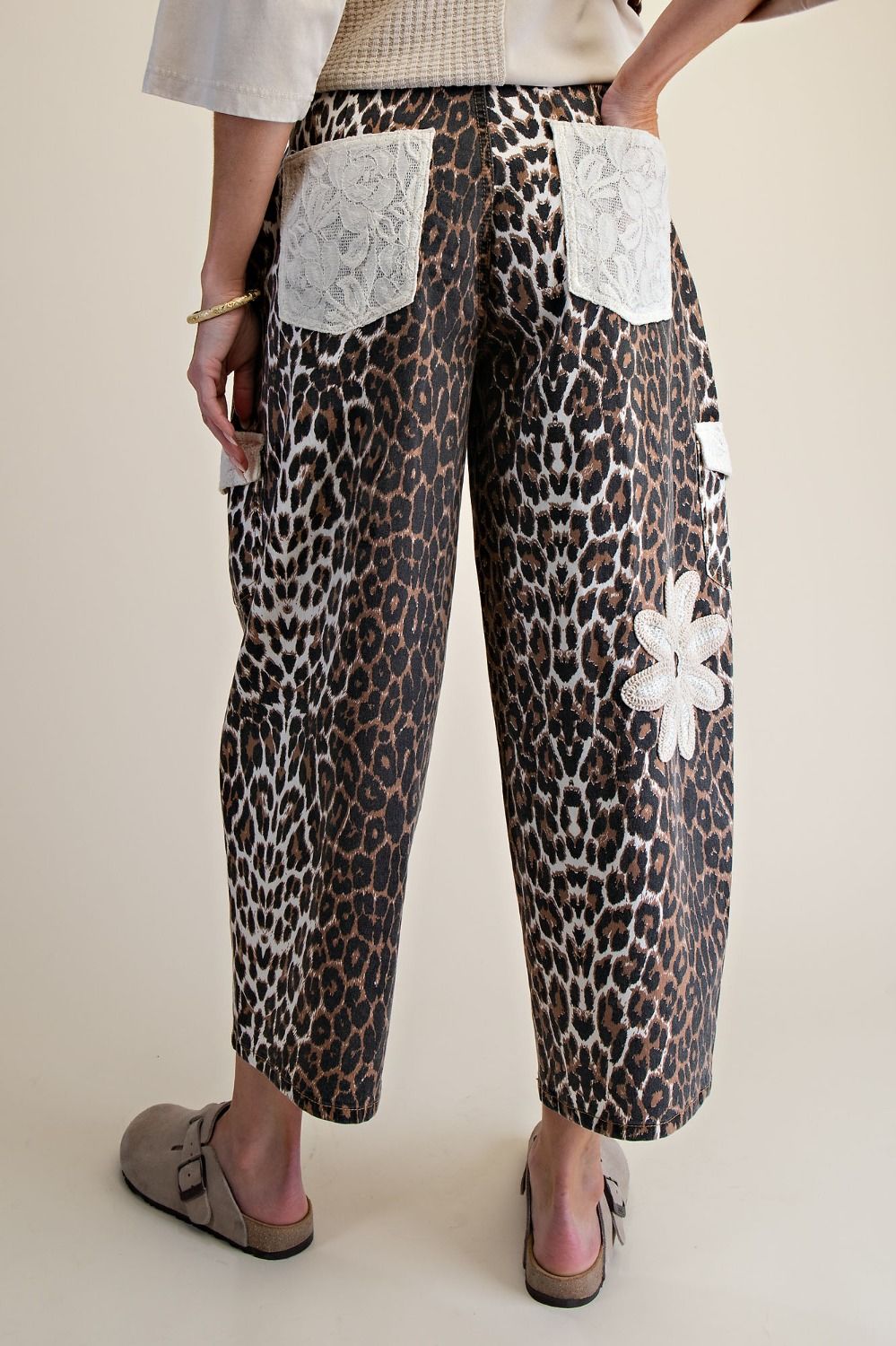 Easel Leopard Print Crochet Floral Patch Barrel Pants