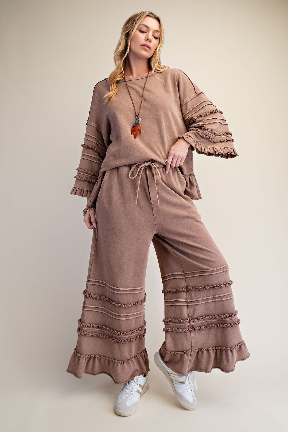 Easel Mineral Washed Ruffle Trim Terry Top