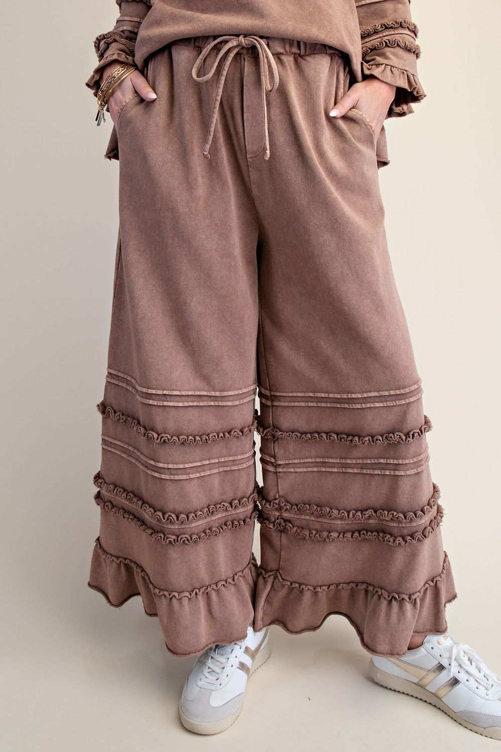 Easel Mineral Washed Tiered Ruffle Wide Leg Pants
