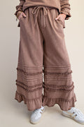 Easel Mineral Washed Tiered Ruffle Wide Leg Pants