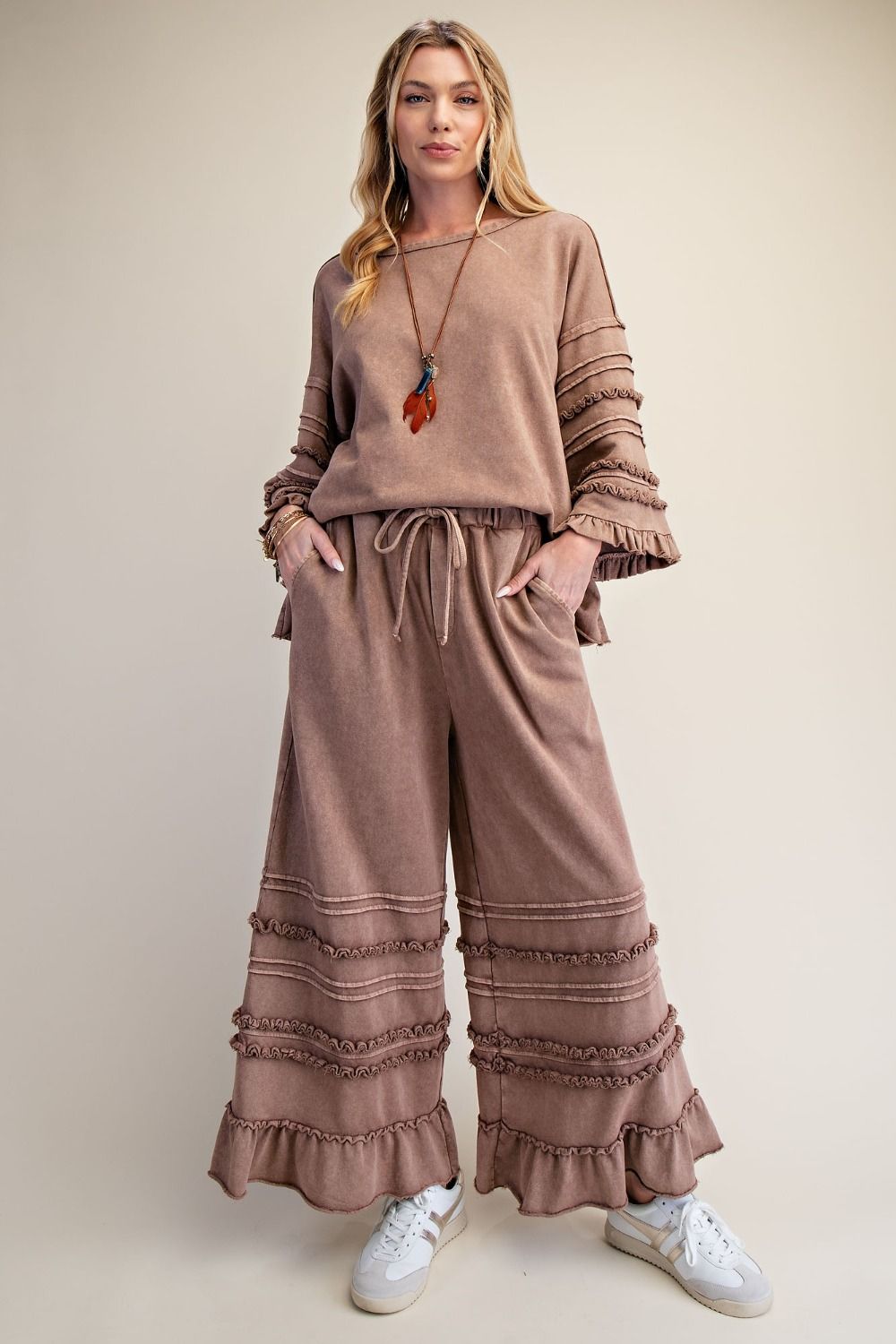 Easel Mineral Washed Tiered Ruffle Wide Leg Pants