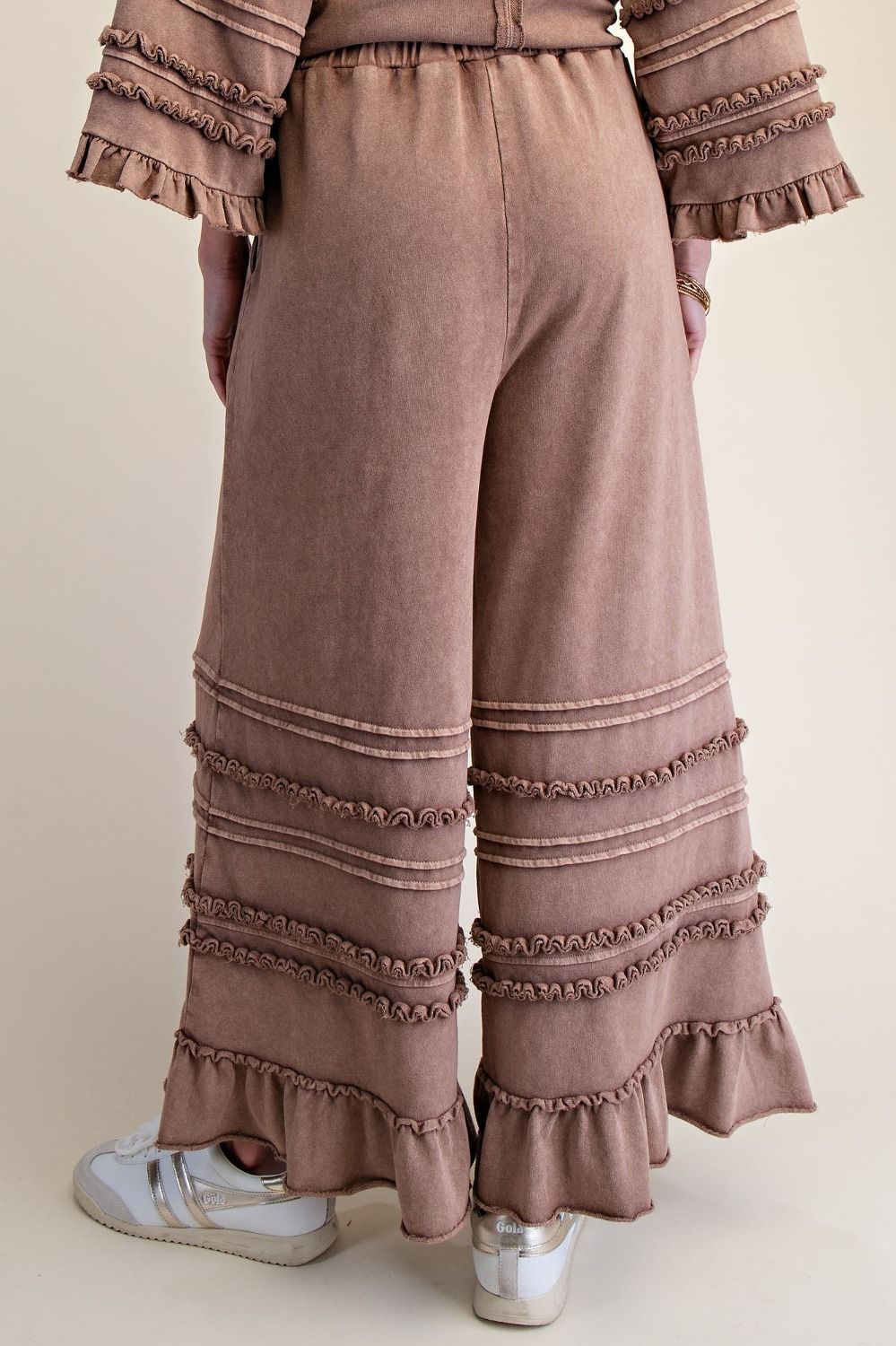 Easel Mineral Washed Tiered Ruffle Wide Leg Pants
