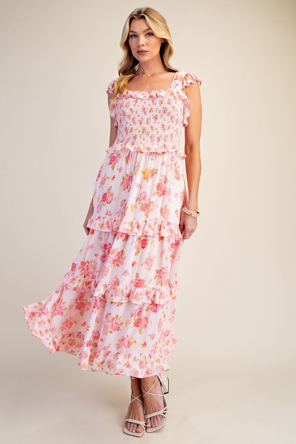 Easel Floral Print Gauze Tiered Maxi Dress