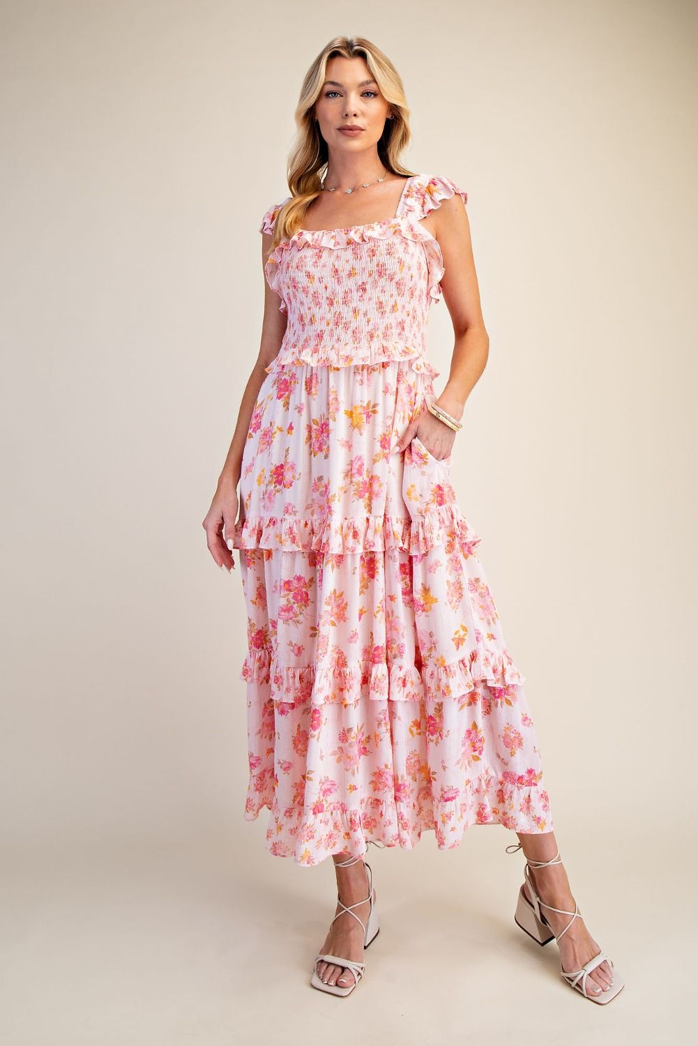 Easel Floral Print Gauze Tiered Maxi Dress