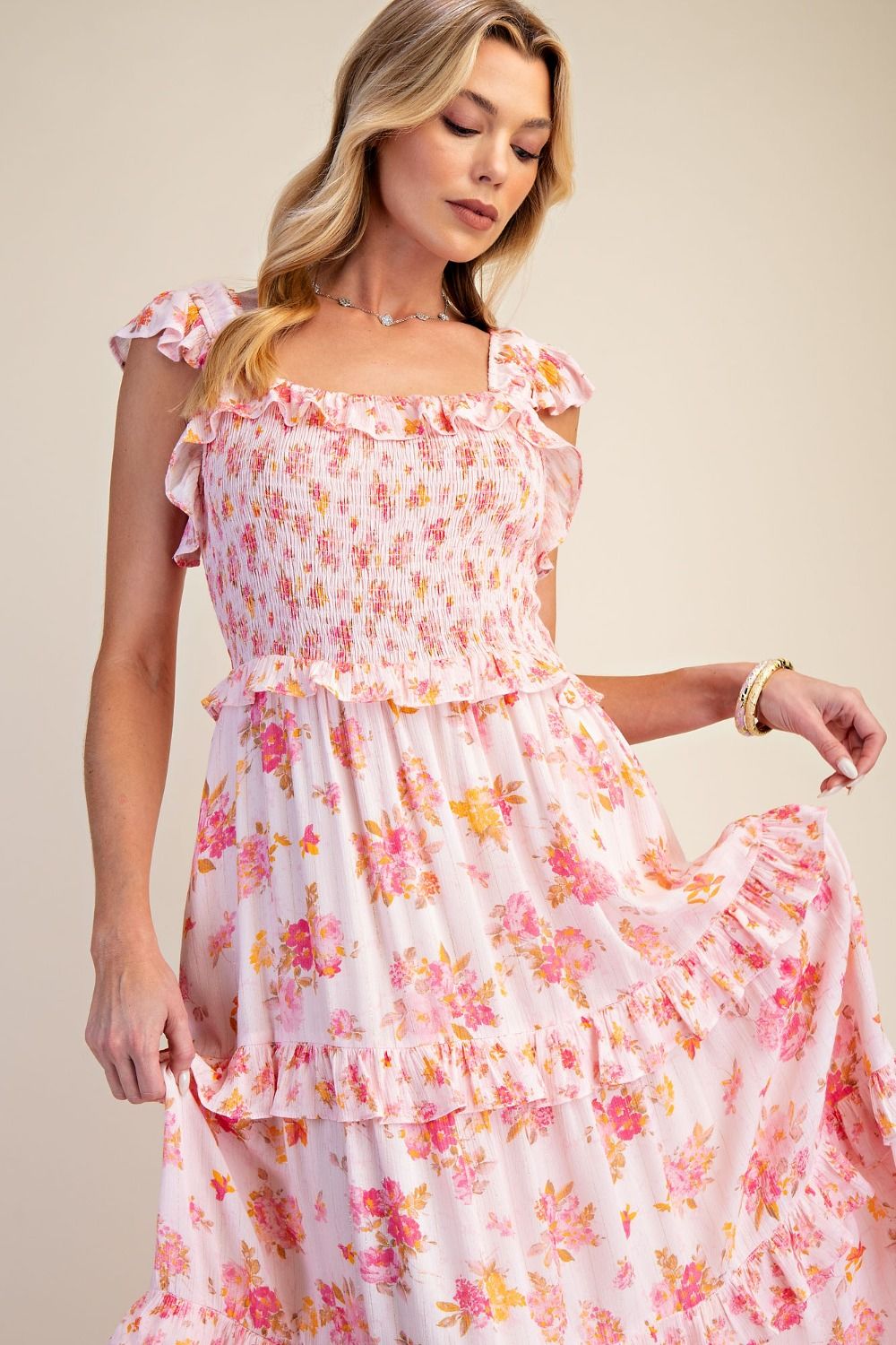 Easel Floral Print Gauze Tiered Maxi Dress