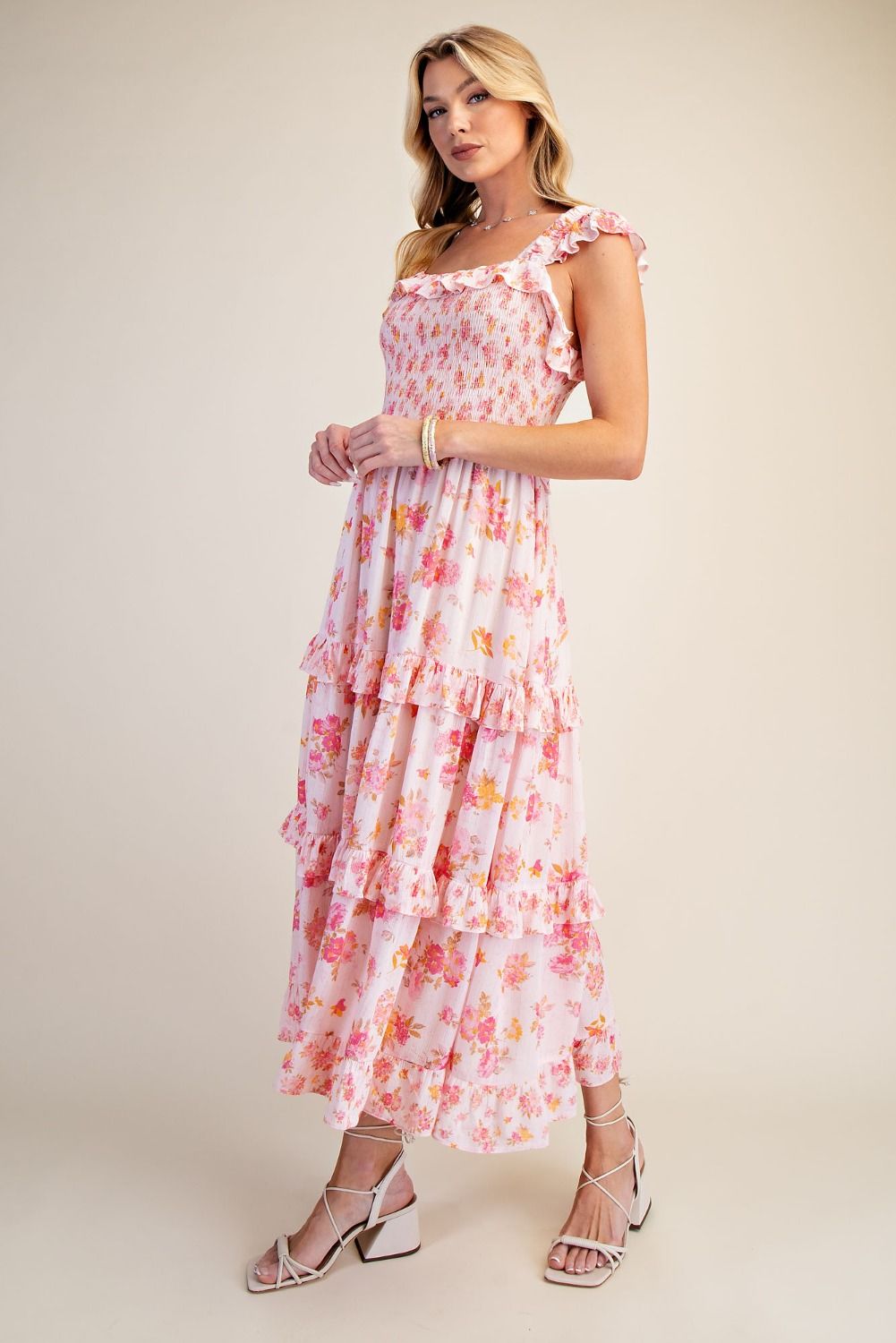 Easel Floral Print Gauze Tiered Maxi Dress