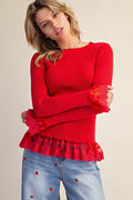 Easel Lace Hem Ribbed Knit Sweater Top