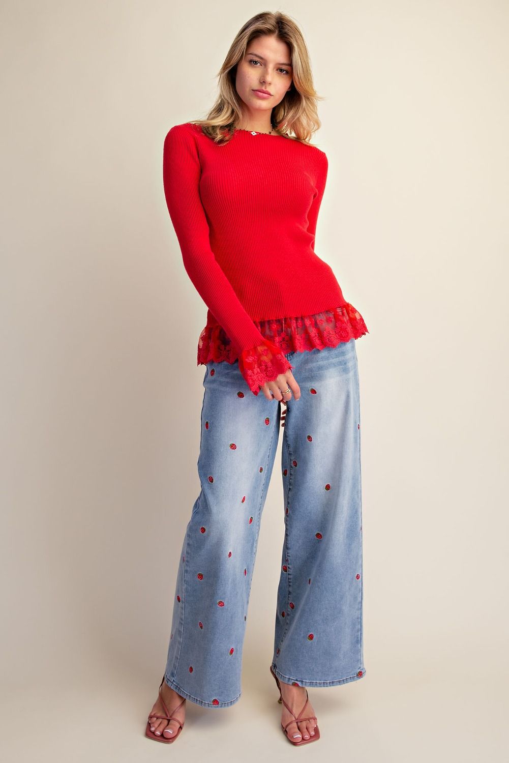 Easel Lace Hem Ribbed Knit Sweater Top
