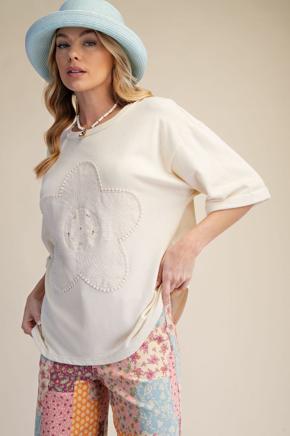 Easel Crochet Floral Patch Washed Terry Top