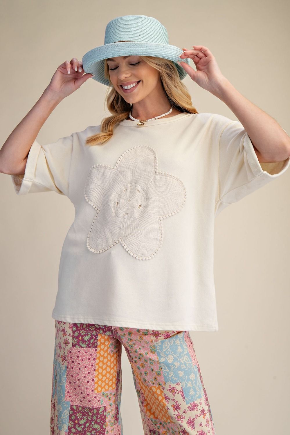 Easel Crochet Floral Patch Washed Terry Top