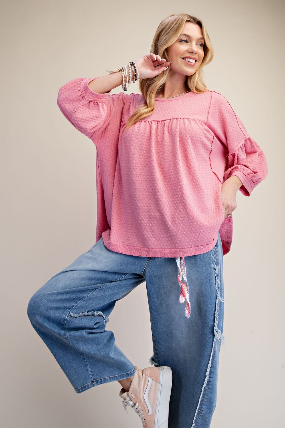 Easel Bubble Sleeve Textured Knit Top