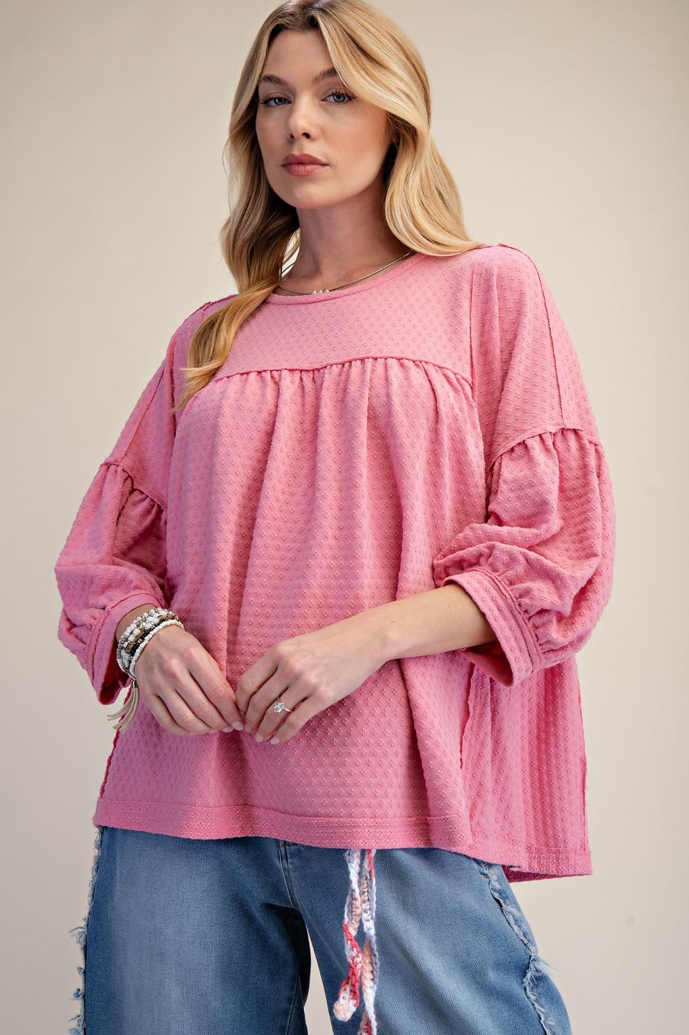 Easel Bubble Sleeve Textured Knit Top