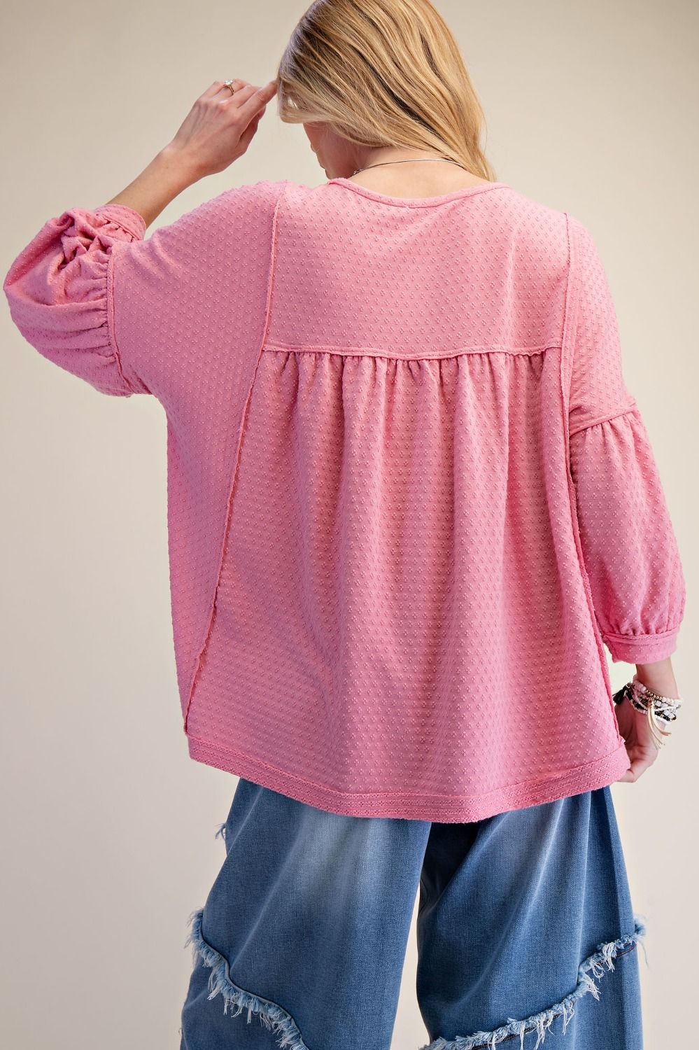 Easel Bubble Sleeve Textured Knit Top