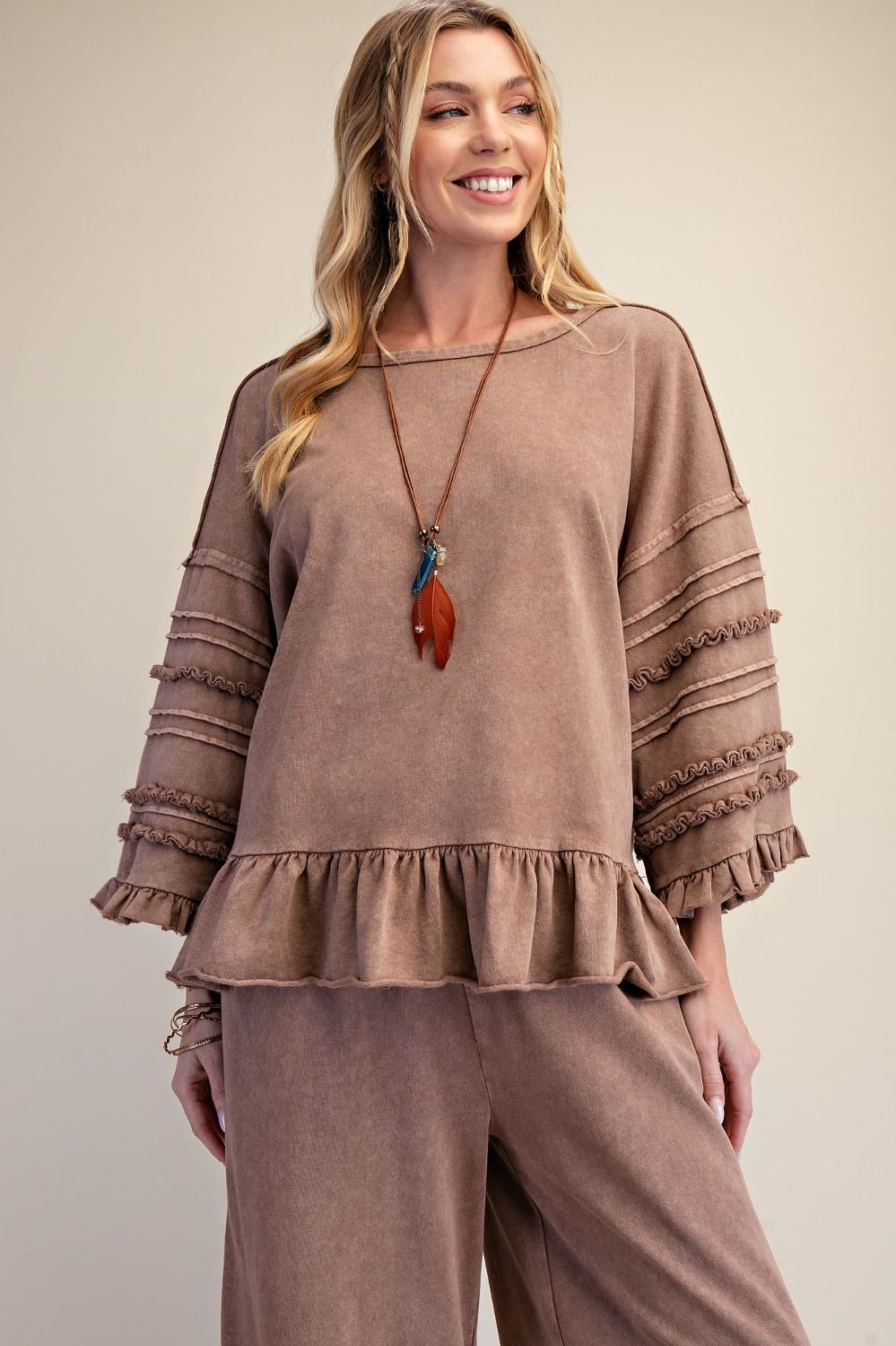 Easel Mineral Washed Ruffle Trim Terry Top
