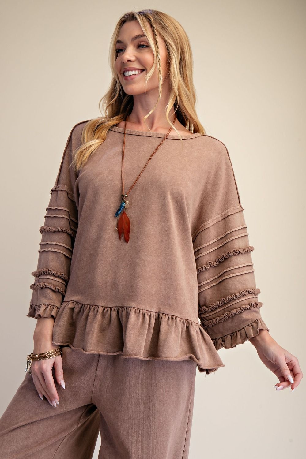 Easel Mineral Washed Ruffle Trim Terry Top