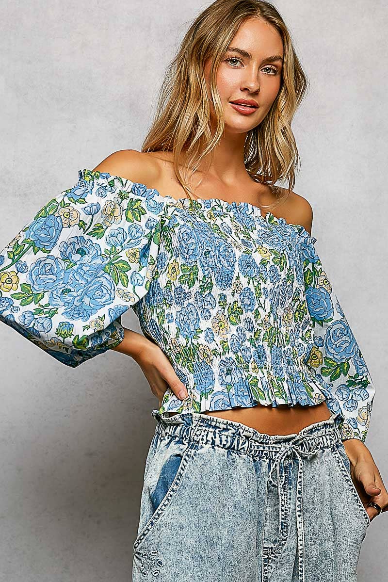 Pol Floral Block Print Off-Shoulder Smocked Top