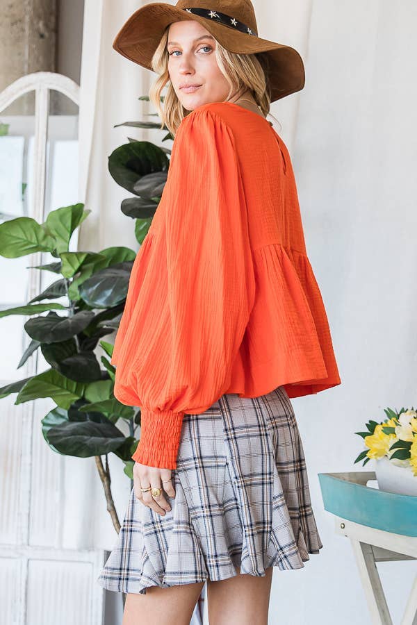 Bucketlist Puff Sleeve Smocked Cuff Babydoll Top