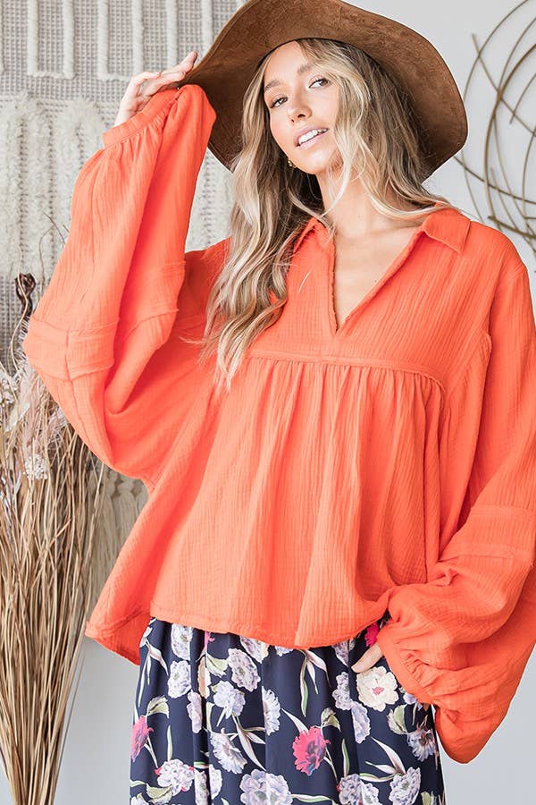 Bucketlist Puff Sleeve Collared Babydoll Top