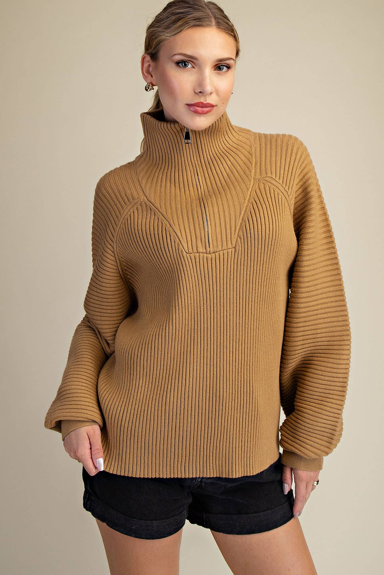 Glam Half-Zip Ribbed Sweater in Camel