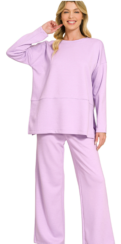 Zenana Scuba Side Slit Top & Wide-Leg Pants Set