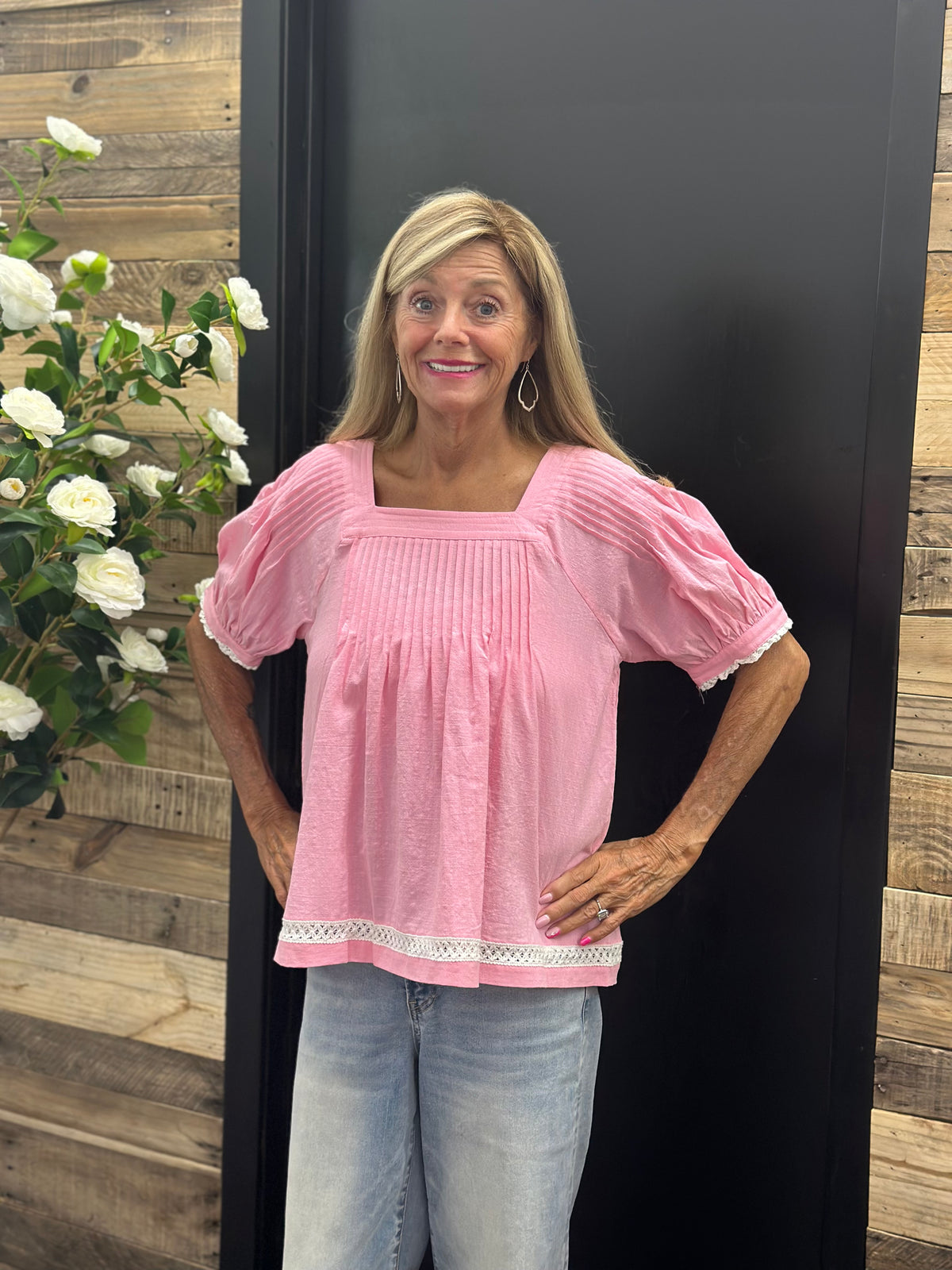 Half Sleeve Pintuck Woven Top with Lace Trim